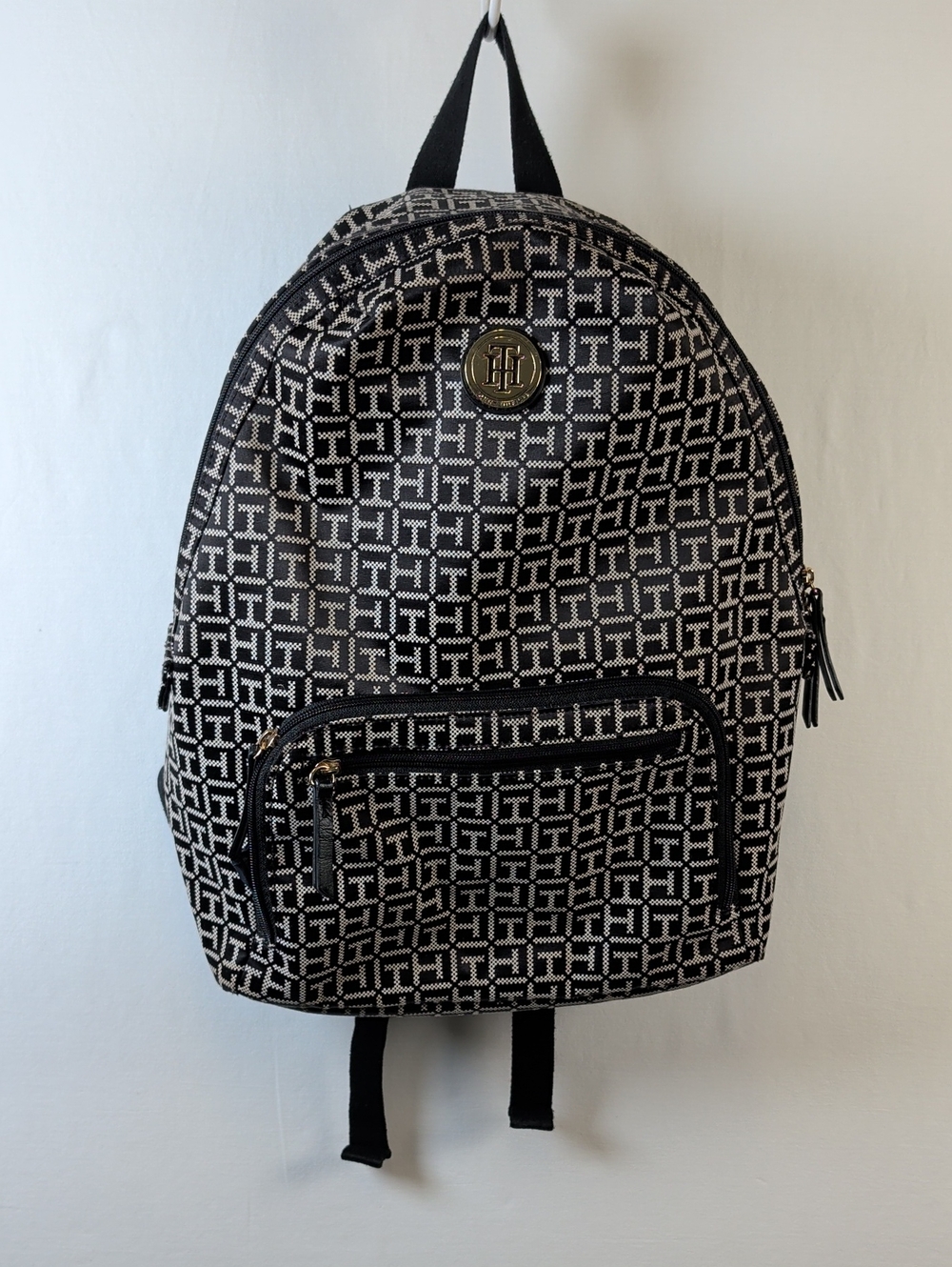 Tommy Hilfiger Padded Laptop Backpack Black & Cream Pattern - Logo Accent